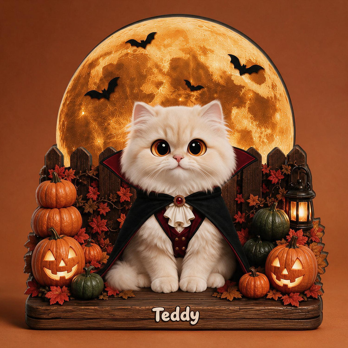 Plaque en Bois Personnalisée à 2 Couches pour Halloween - Chat Vampire Effrayant avec Citrouilles, Cadeau Personnalisé pour Amateurs de Chats