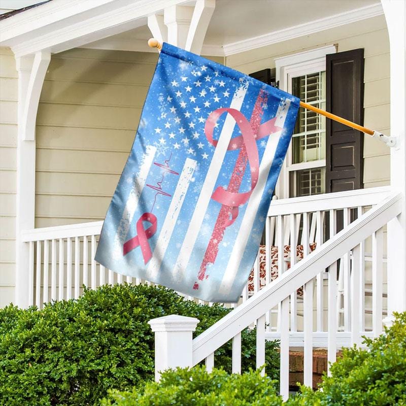 Pink Ribbon Through Snow & Heartbeat American Flag - Breast Cancer Awareness House Flag 0822