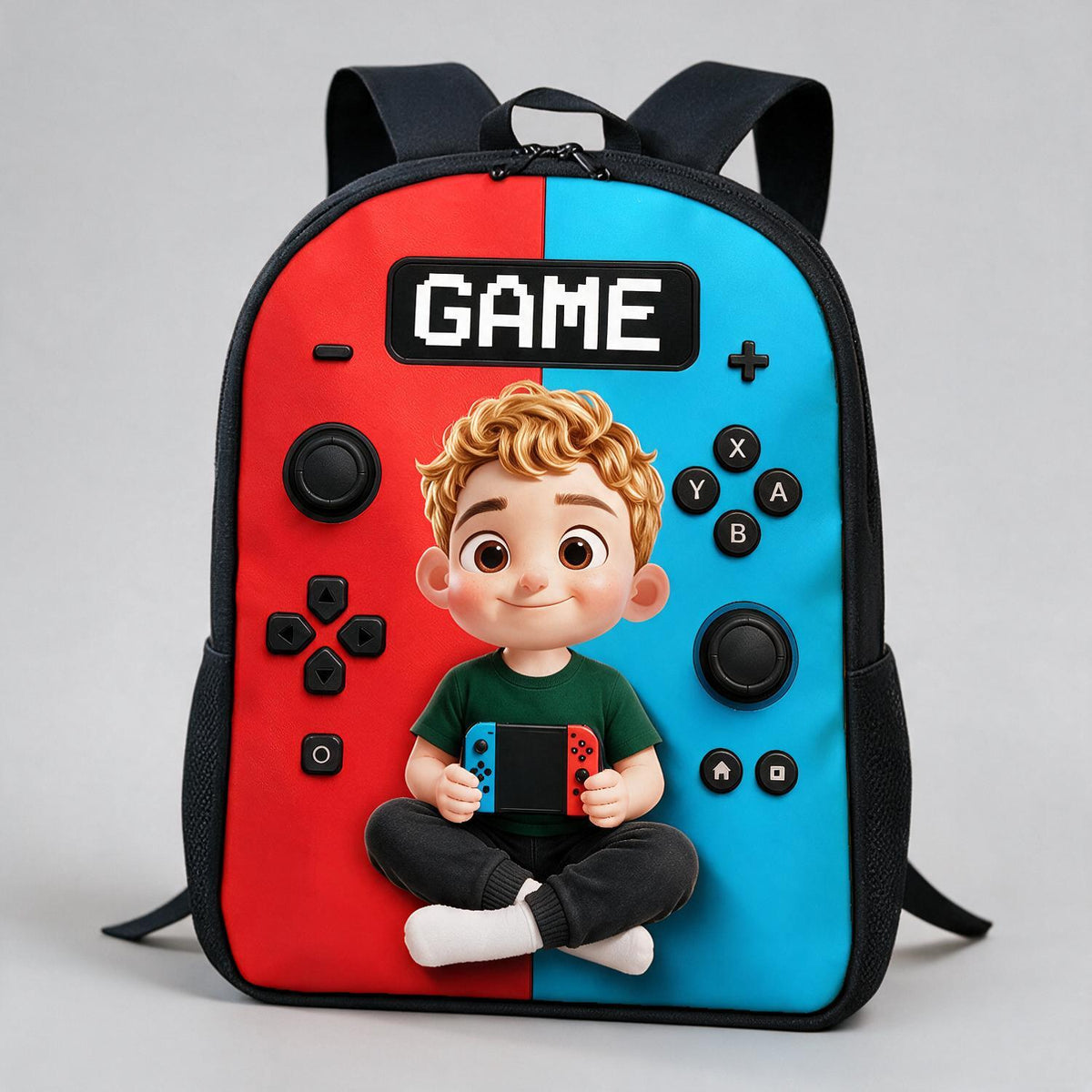 Personalized Gamer Boy Controller Backpack - Red Blue Split Switch-Style Design - Back to School Gift for Young Kids