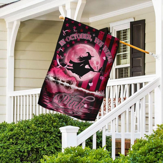 En octobre, nous portons du rose : ruban rose, chat d'Halloween et sorcière - Drapeau de la maison pour la sensibilisation au cancer du sein 0822