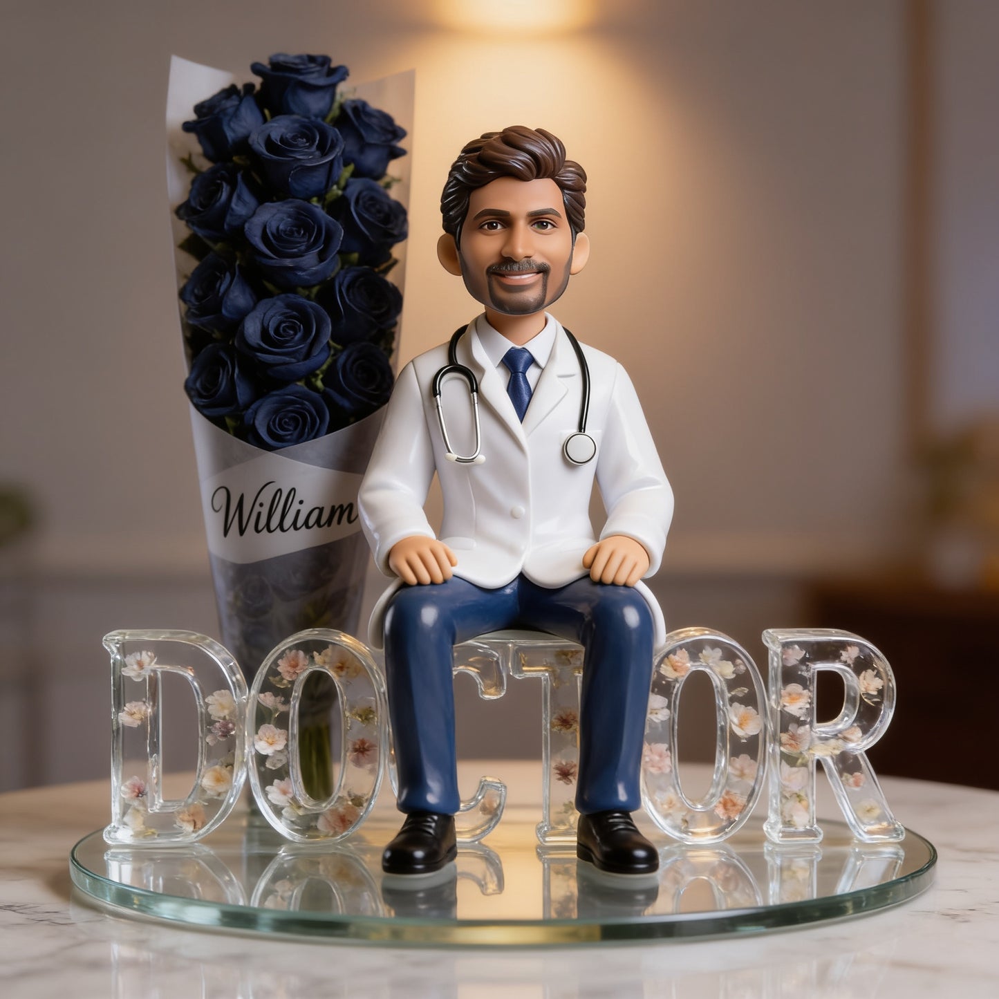 Personalized Old Black Male Doctor Figurine Statue - Custom Physician Nameplate Keepsake - Luxury Blue Rose Desk Ornament Gift