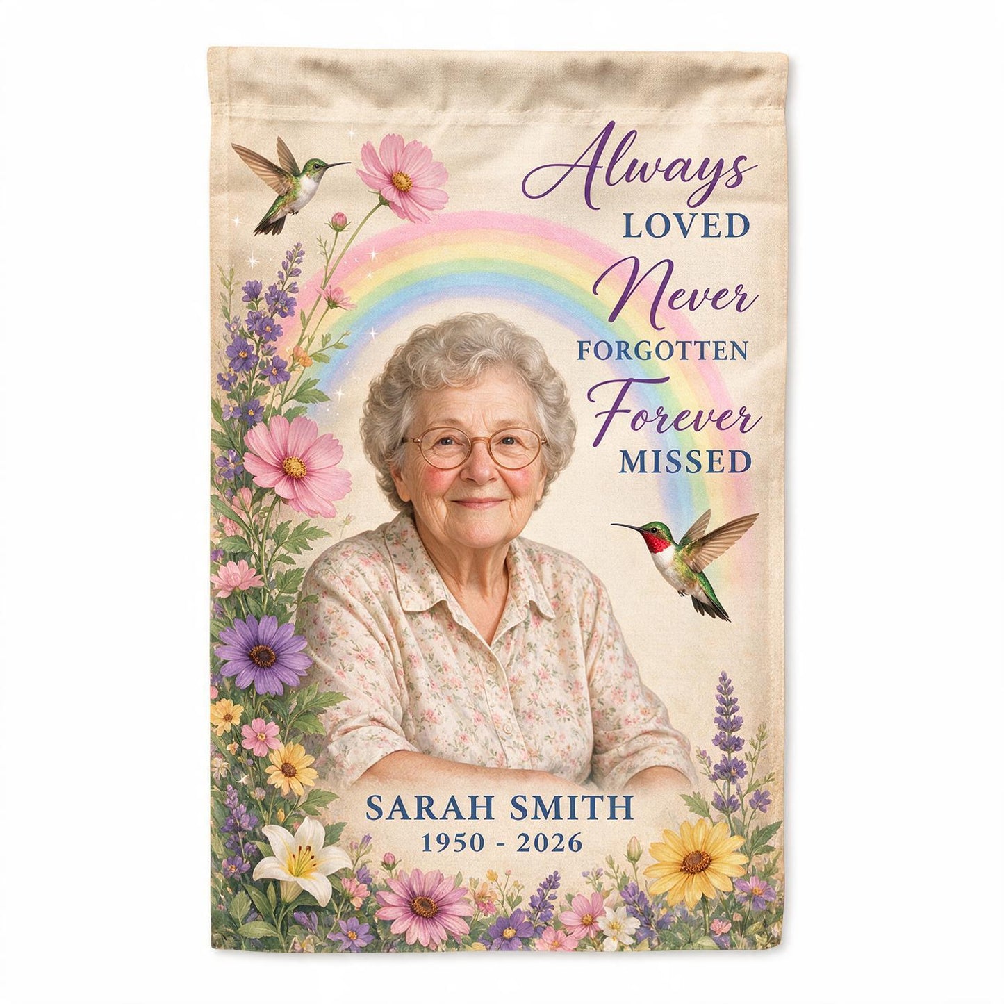 Personalized Hummingbird Rainbow Memorial Garden Flag - Custom Photo Sympathy Gift Remembrance Keepsake