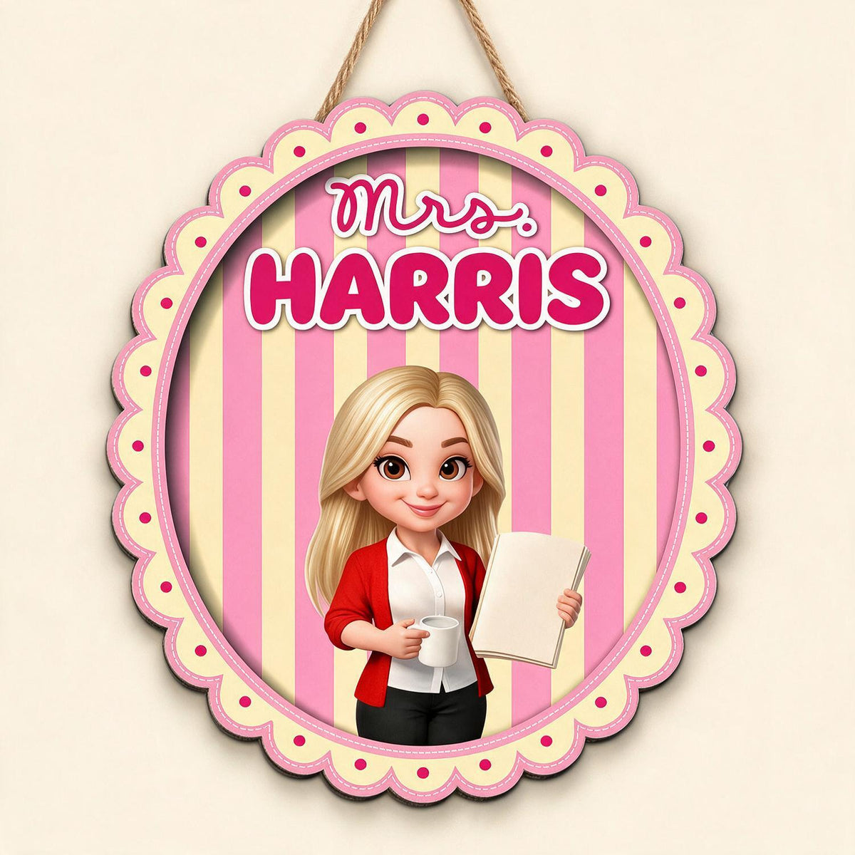 Personalized Coquette Pink Striped Teacher Wood Door Sign - Custom Name Classroom Decor Back To School Gift for Teachers