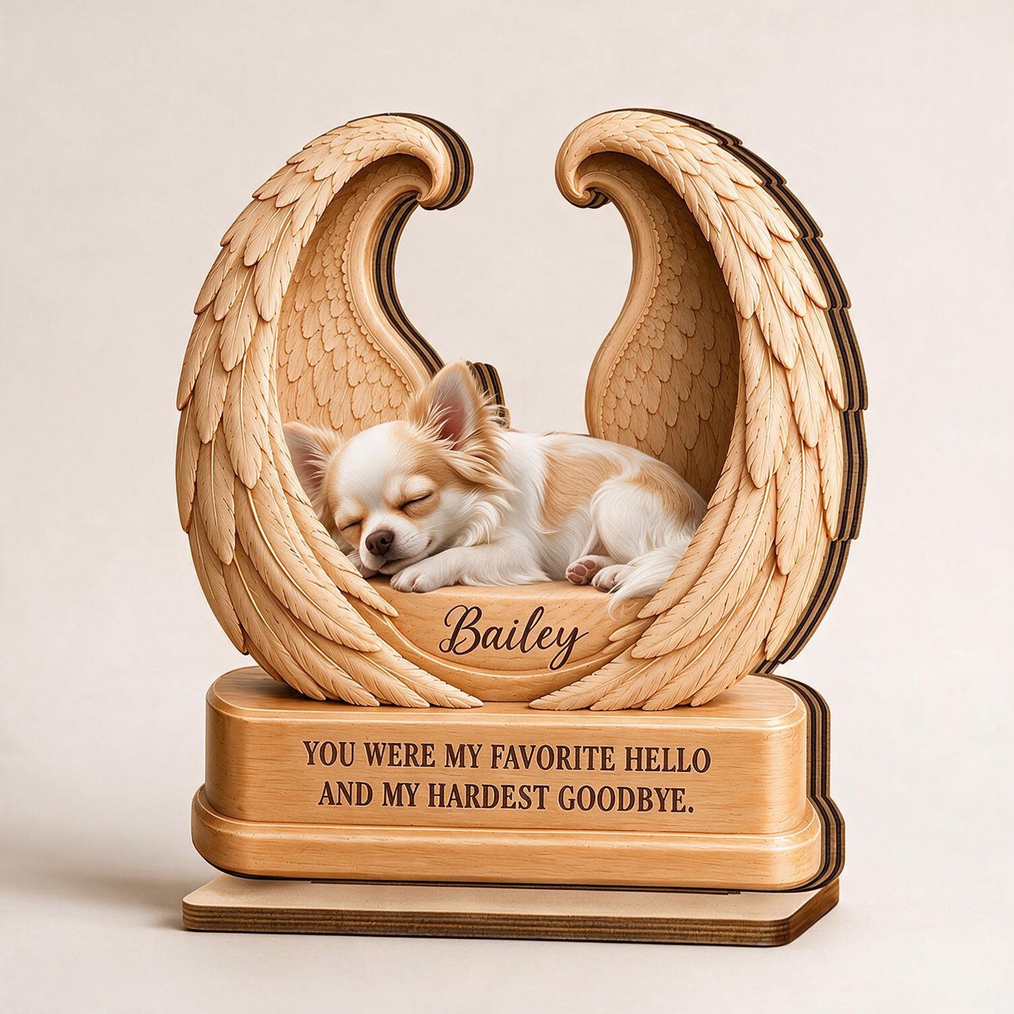 Personalized Sleeping Chihuahua in Angel Wings 2-Layer Wooden Pet Memorial Plaque - Dog Loss Sympathy Gift Keepsake