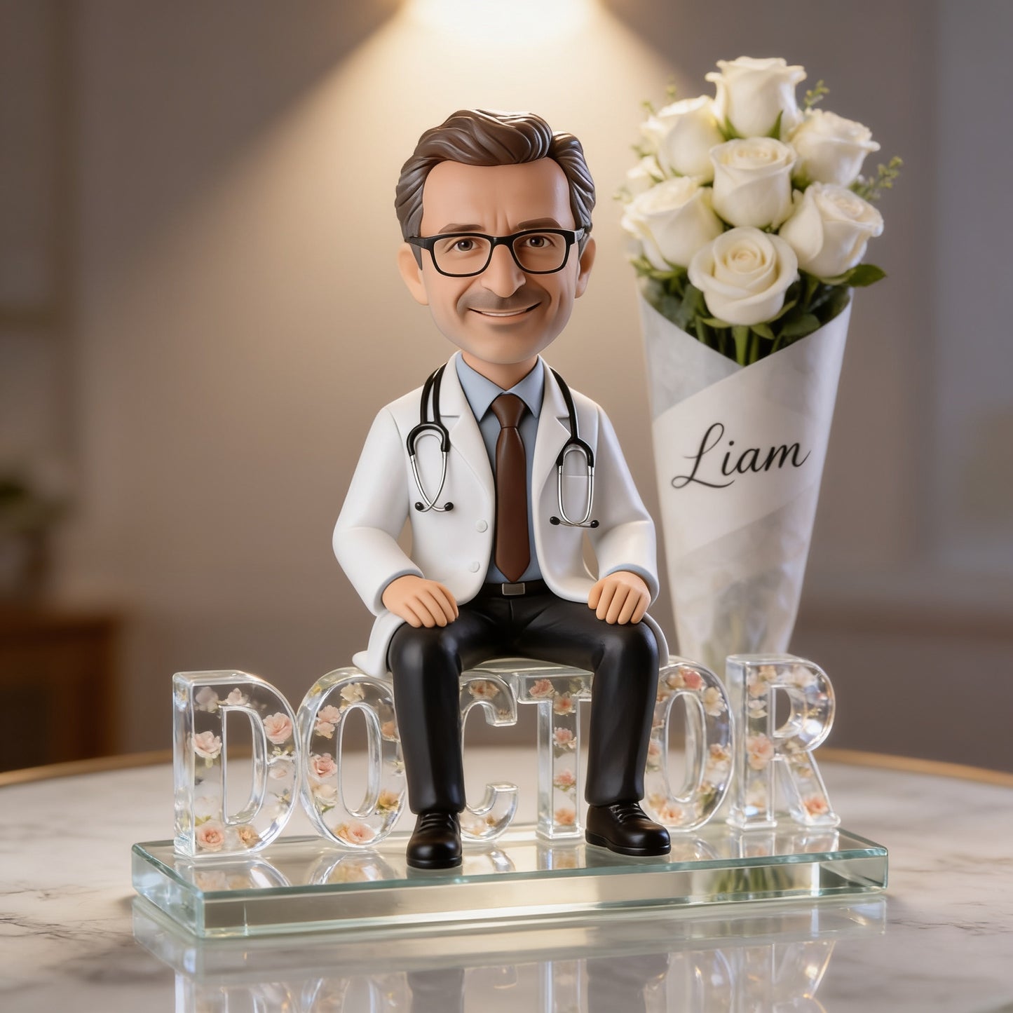 Personalized Old Latin Male Doctor Figurine Statue - Custom Physician Nameplate Keepsake - Luxury White Rose Desk Ornament Gift
