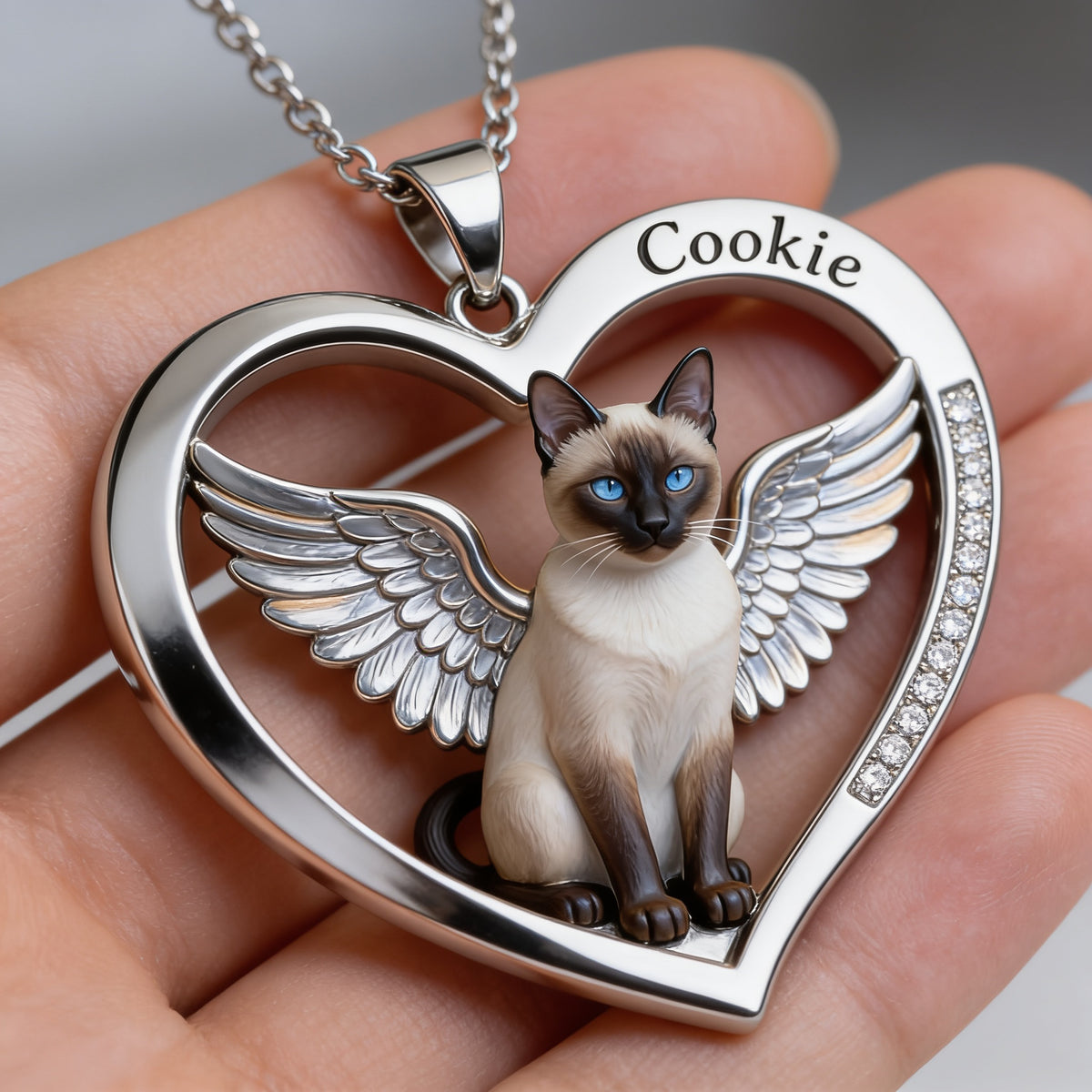Collier en cœur avec ailes d'ange pour chat siamois, bijou commémoratif personnalisé pour les amoureux des chats