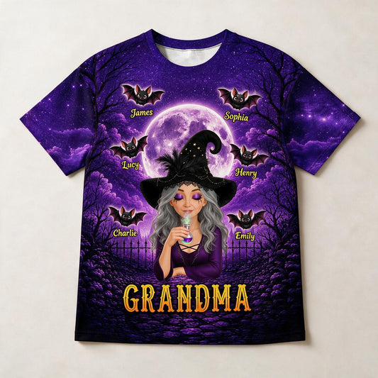 T-shirt Halloween Personnalisé de Mamie Sorcière avec Noms des Petits-enfants - Cadeau Familial Effrayant pour Mamie