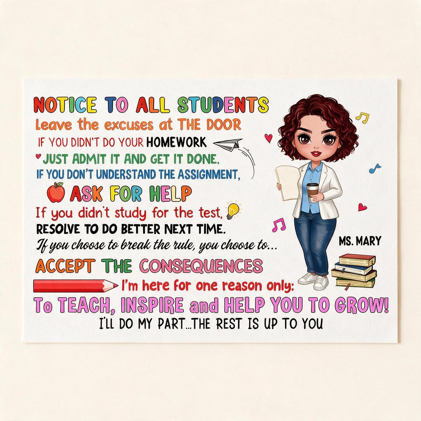 Personalized Notice To All Students Horizontal Poster, Doll Style Teacher Classroom Rules Wall Decor, Back To School Teacher Gift