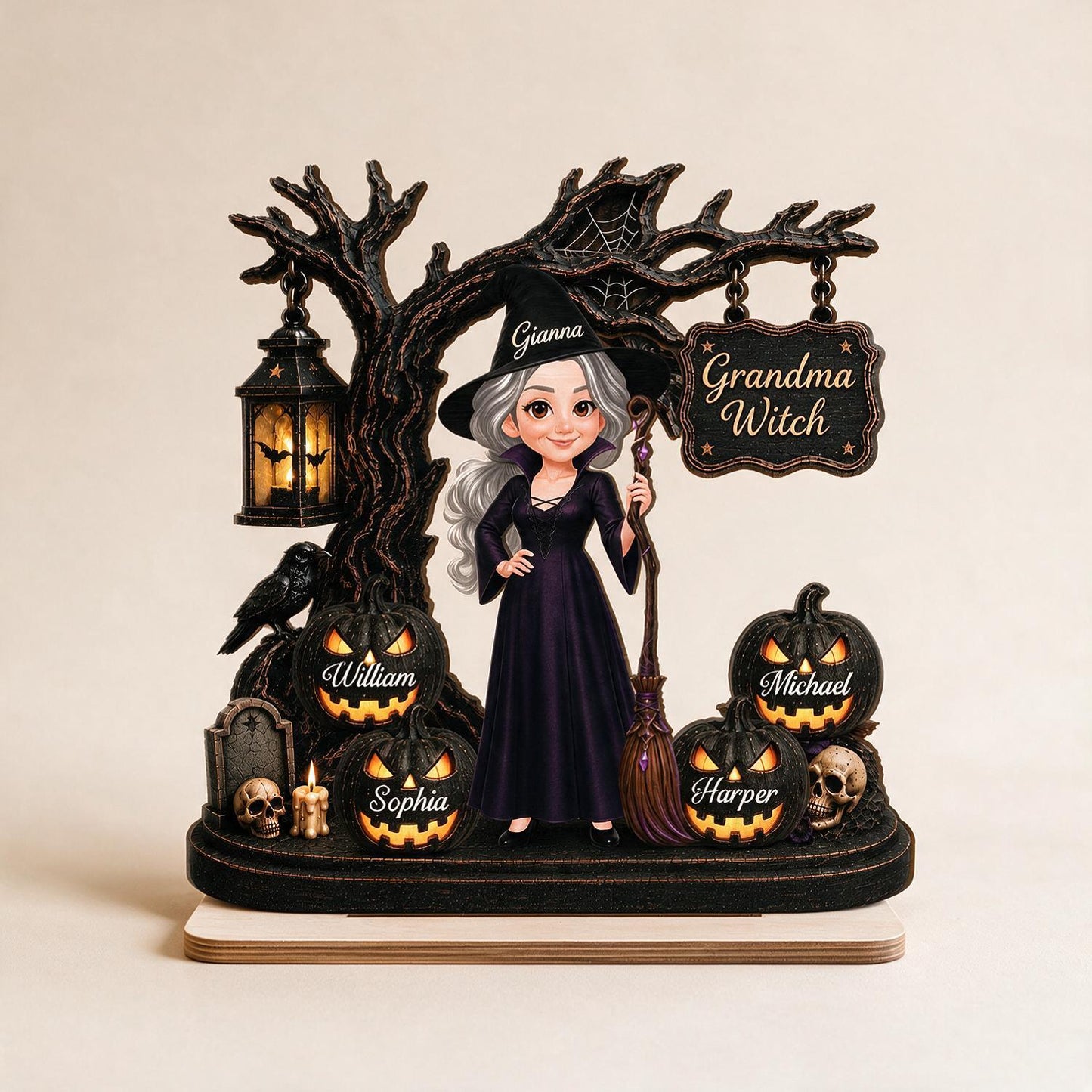 Personalized Grandma Witch Halloween Wooden Plaque With Grandkids Jack-O'-Lanterns - Custom Spooky Gift For Grandma