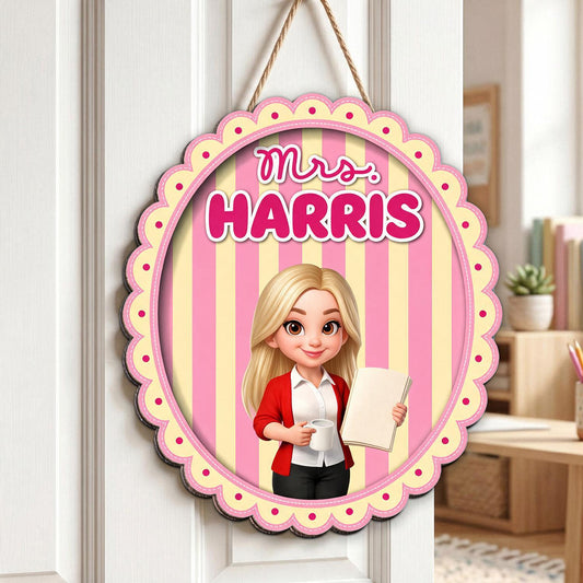 Panneau de porte en bois personnalisé pour enseignant rayé rose coquette - Décor de classe avec nom personnalisé, cadeau de rentrée scolaire pour enseignants