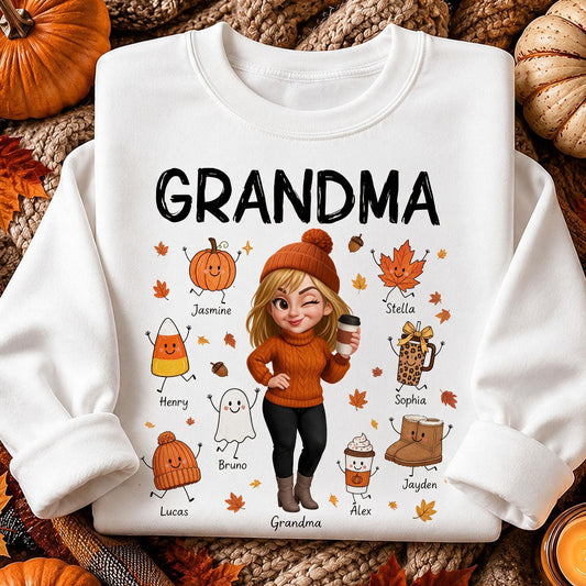 Sweatshirt d'automne personnalisé pour Mamie, Noms des petits-enfants, Cadeau de Thanksgiving