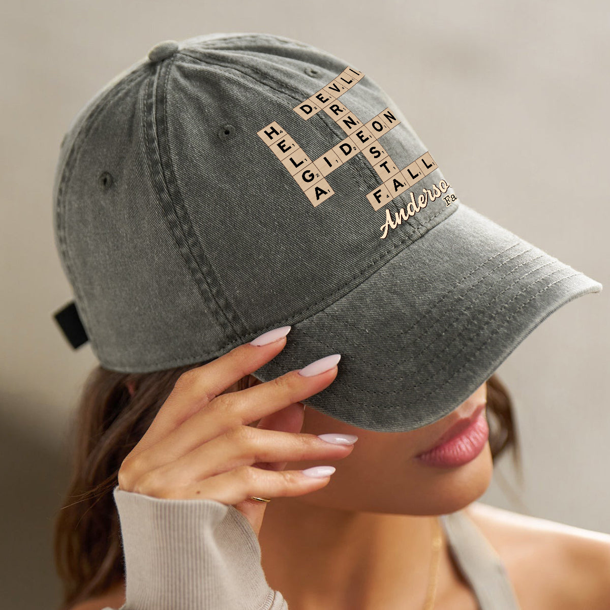 Mots croisés Scrabble « Amour et Famille » - Casquette en jean délavé personnalisée