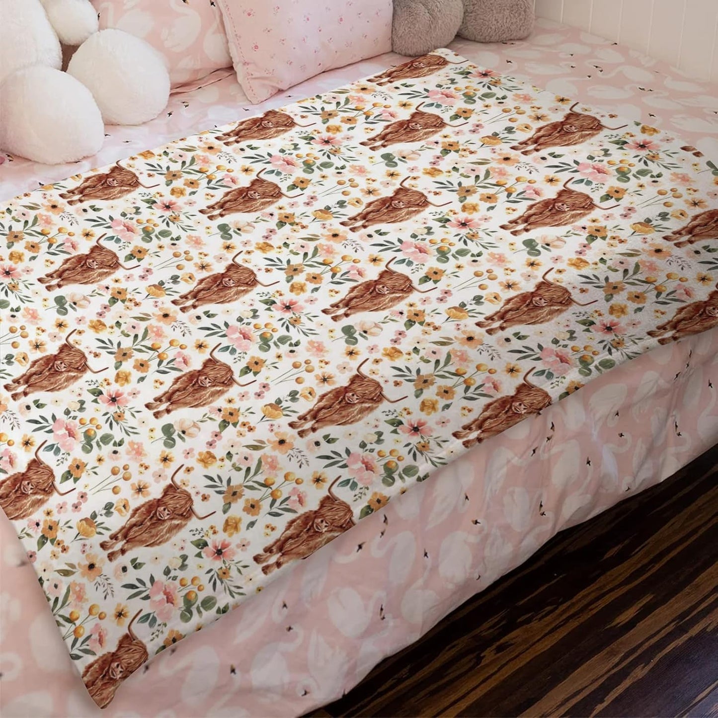 Couverture Highland Cow à motif floral 0624