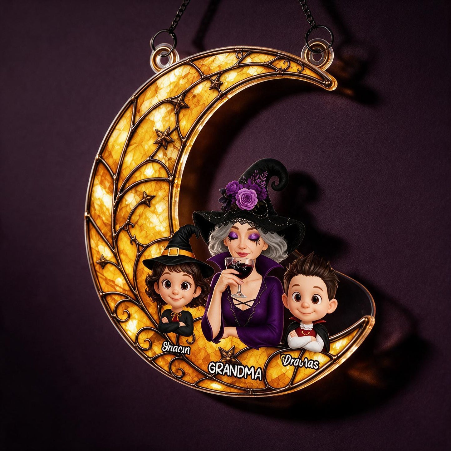 Personalized Halloween Witch Grandma & Grandkids Crescent Moon Acrylic Window Hanging - Custom Halloween Gift for Grandma