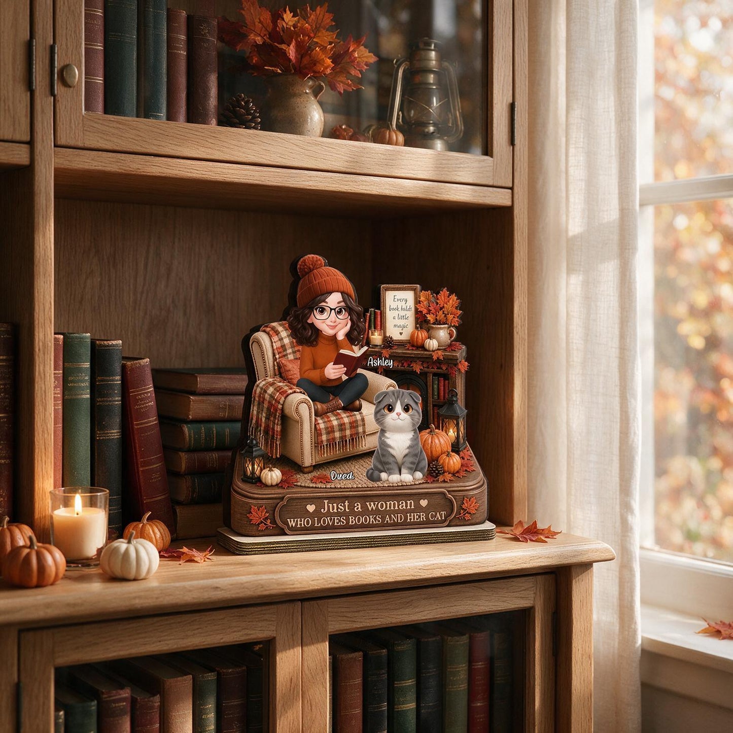 Automne Juste une Femme Qui Aime les Livres et Son Chat Plaque en Bois Personnalisée à 2 Couches - Cadeau Automnal pour Amateurs de Livres