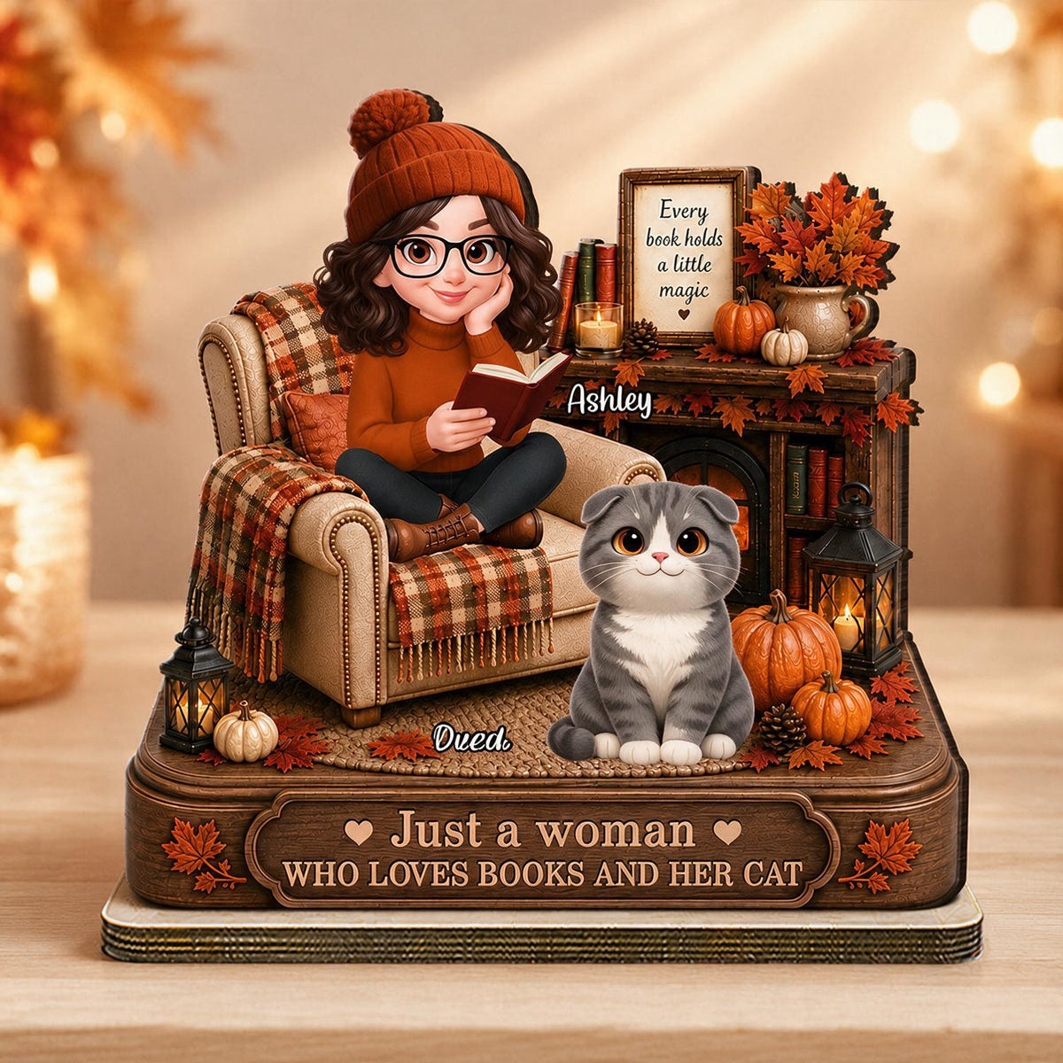 Automne Juste une Femme Qui Aime les Livres et Son Chat Plaque en Bois Personnalisée à 2 Couches - Cadeau Automnal pour Amateurs de Livres