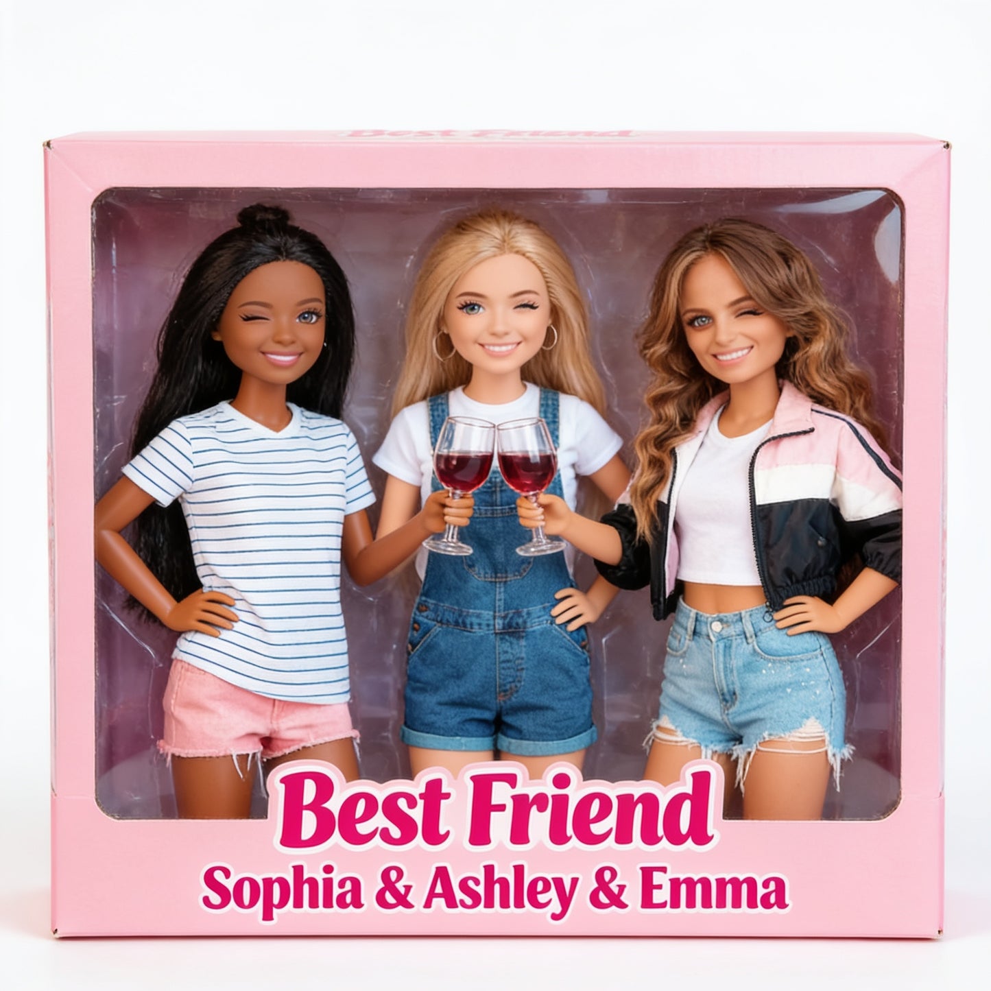 Personalized Best Friend Trio Dolls Figurine Set - Custom Female Besties Wine Tasting Desk Ornament Gift