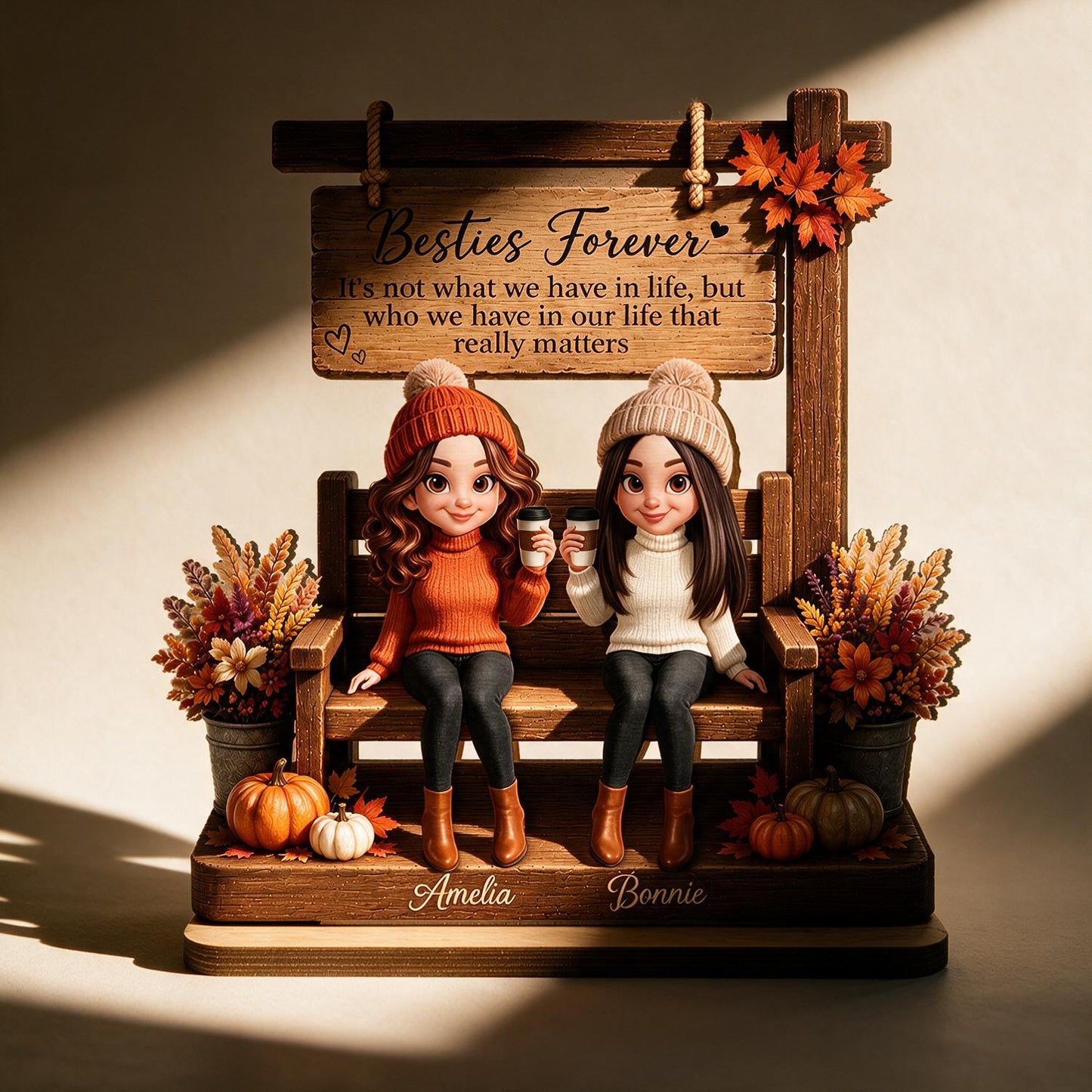 Personalized Fall Best Friends Forever Wooden Plaque - Custom Name Standing Desk Decor Gift for Bestie