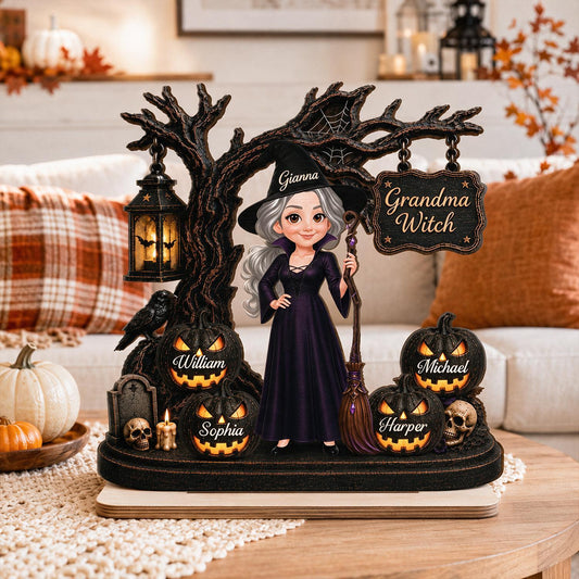 Plaque en Bois Personnalisée Halloween de Mamie Sorcière avec Petits-Enfants - Cadeau Effrayant Sur Mesure Pour Mamie