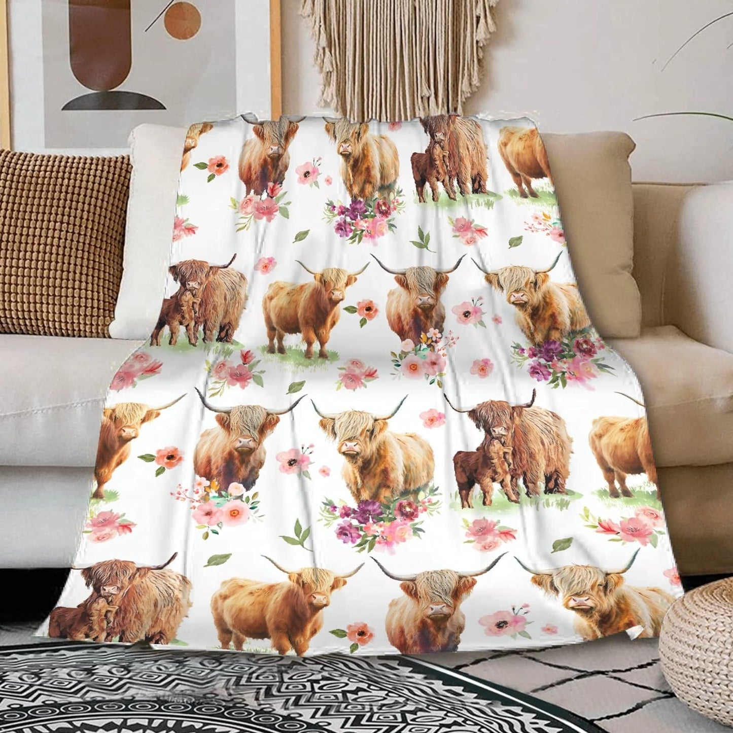 Floral Highland Cow Pattern Highland Cow Blanket 0624