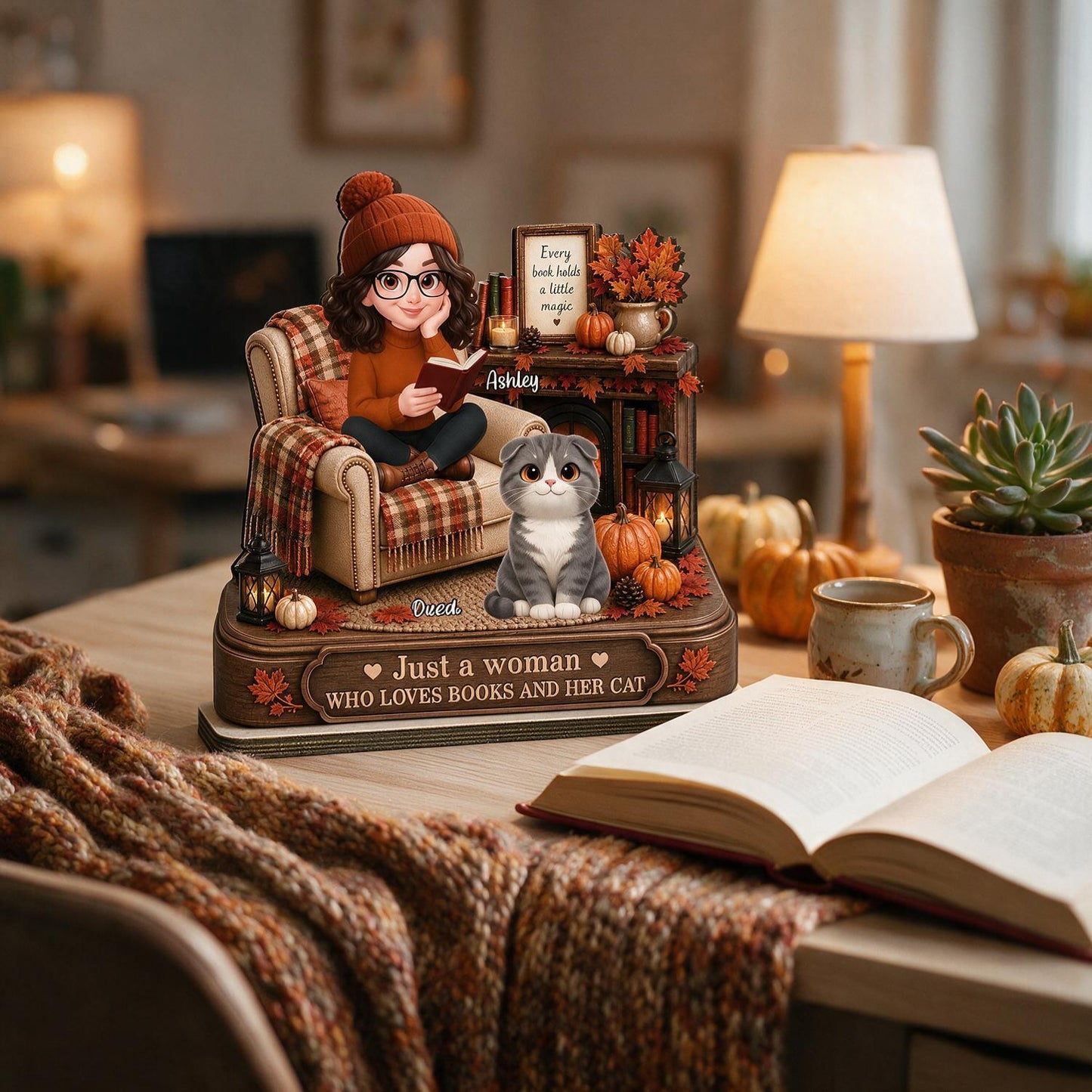 Automne Juste une Femme Qui Aime les Livres et Son Chat Plaque en Bois Personnalisée à 2 Couches - Cadeau Automnal pour Amateurs de Livres