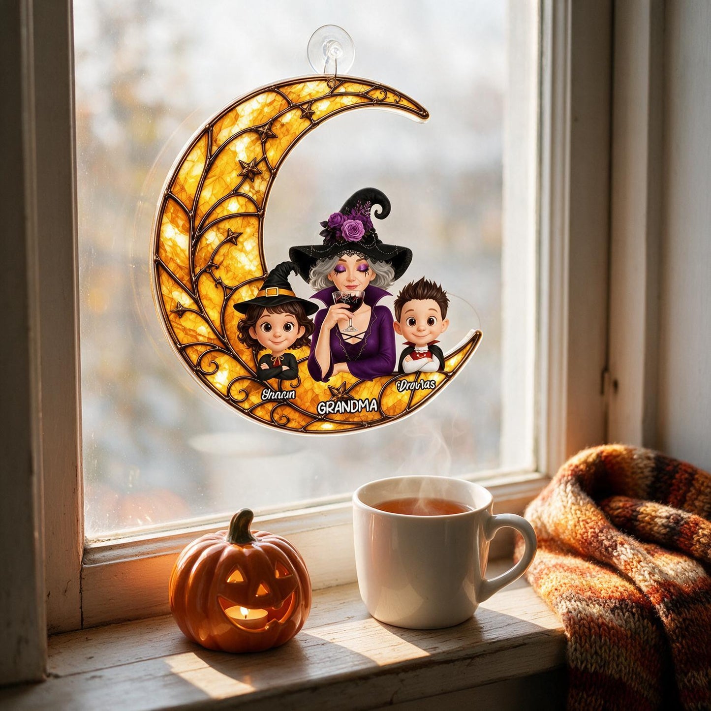 Personalized Halloween Witch Grandma & Grandkids Crescent Moon Acrylic Window Hanging - Custom Halloween Gift for Grandma