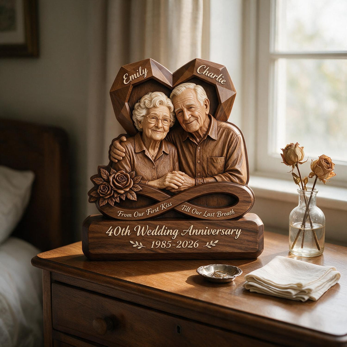 Personalized 40th Anniversary Elderly Couple Heart Shaped Wooden Plaque, Custom Milestone Gift