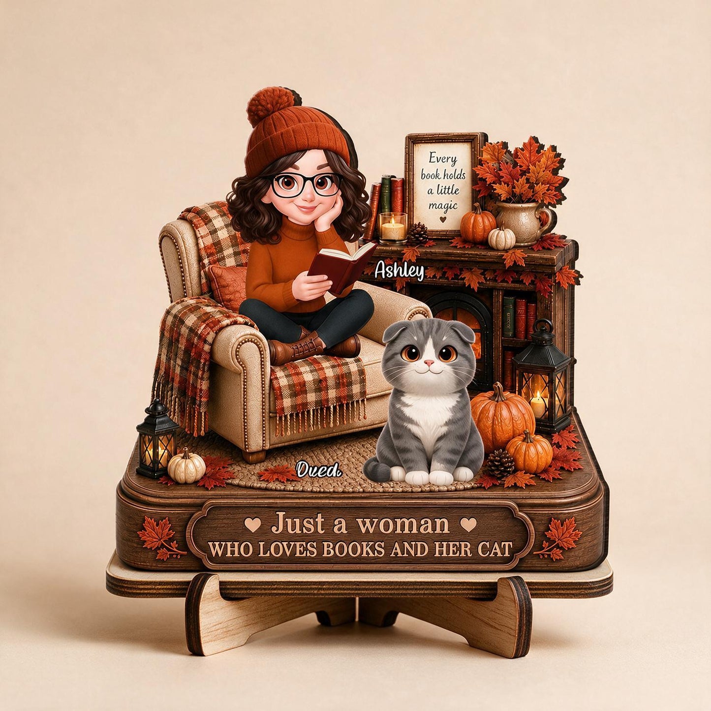 Automne Juste une Femme Qui Aime les Livres et Son Chat Plaque en Bois Personnalisée à 2 Couches - Cadeau Automnal pour Amateurs de Livres