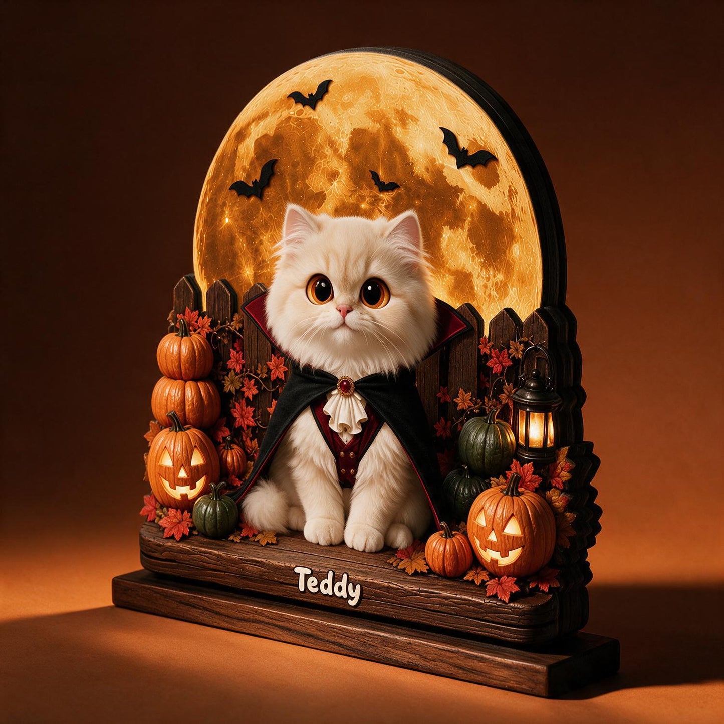 Plaque en Bois Personnalisée à 2 Couches pour Halloween - Chat Vampire Effrayant avec Citrouilles, Cadeau Personnalisé pour Amateurs de Chats