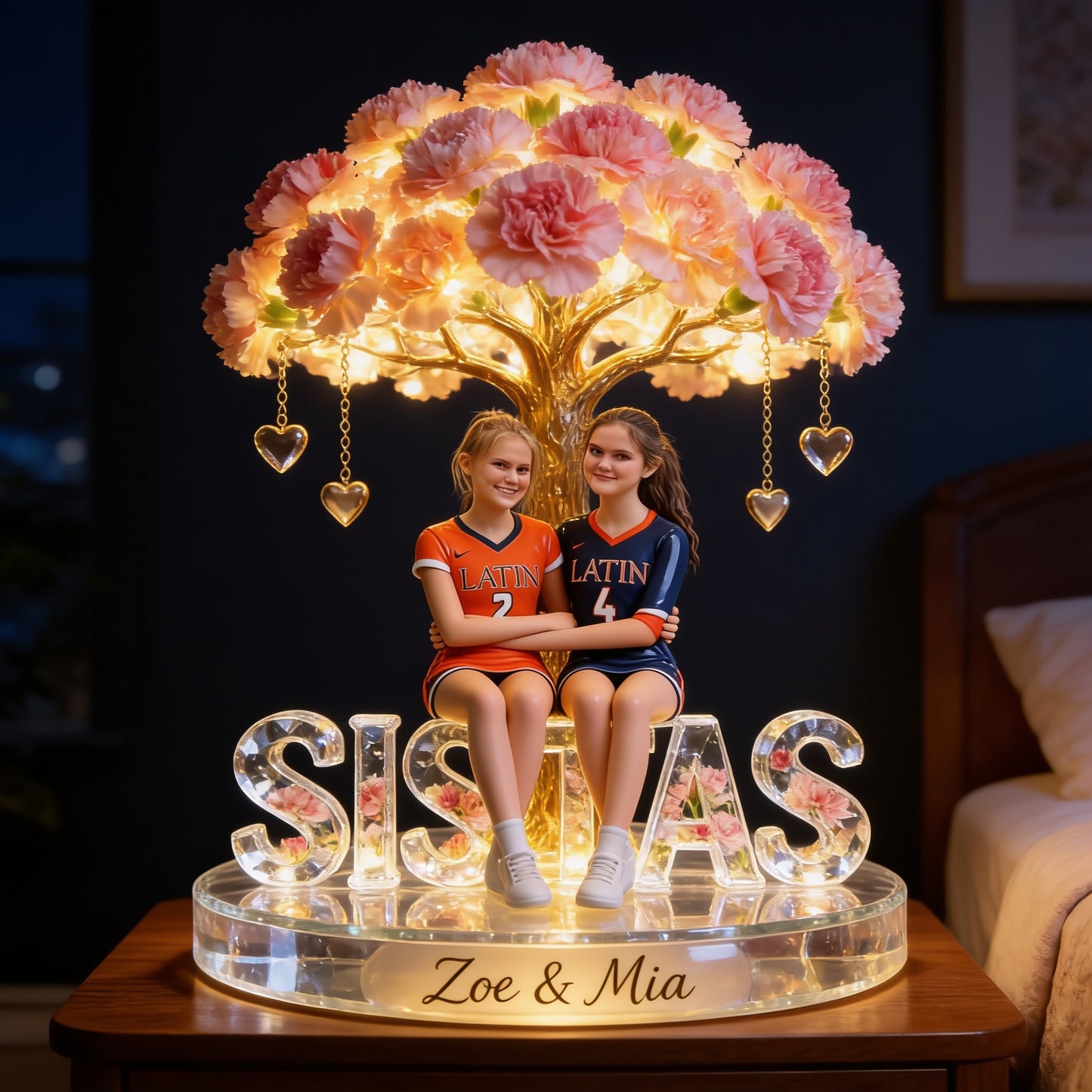 Custom Any Photo Latin Sisters Acrylic LED Night Light – Personalized Pink Carnation Tree Lamp Gift for Sisters Bedroom Decor