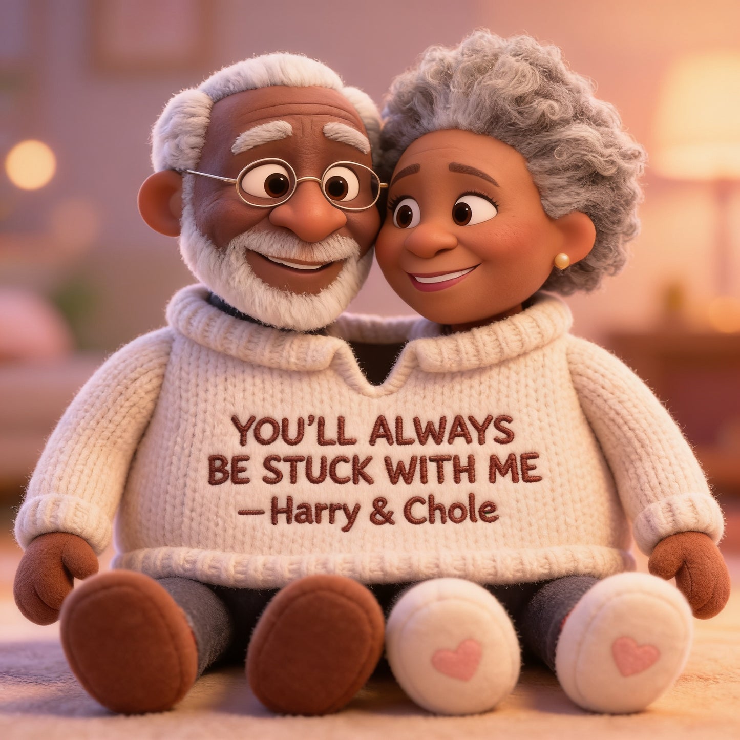 Personalized Older Black Couple Pixar Style Custom Shaped Faux Fur Pillow - Cute Cartoon African American Anniversary Gift Bed Cushion