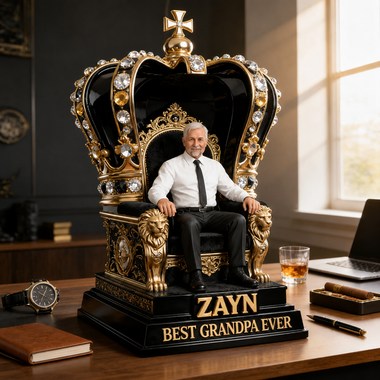 Figurine Photo Personnalisée Trône de Roi | Meilleur Papi Jamais Sculpture Couronne | Cadeau Unique pour la Fête des Pères