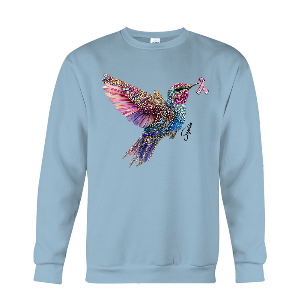 T-shirt et sweat à capuche personnalisés avec ruban rose et colibri en cristal pour la sensibilisation au cancer du sein