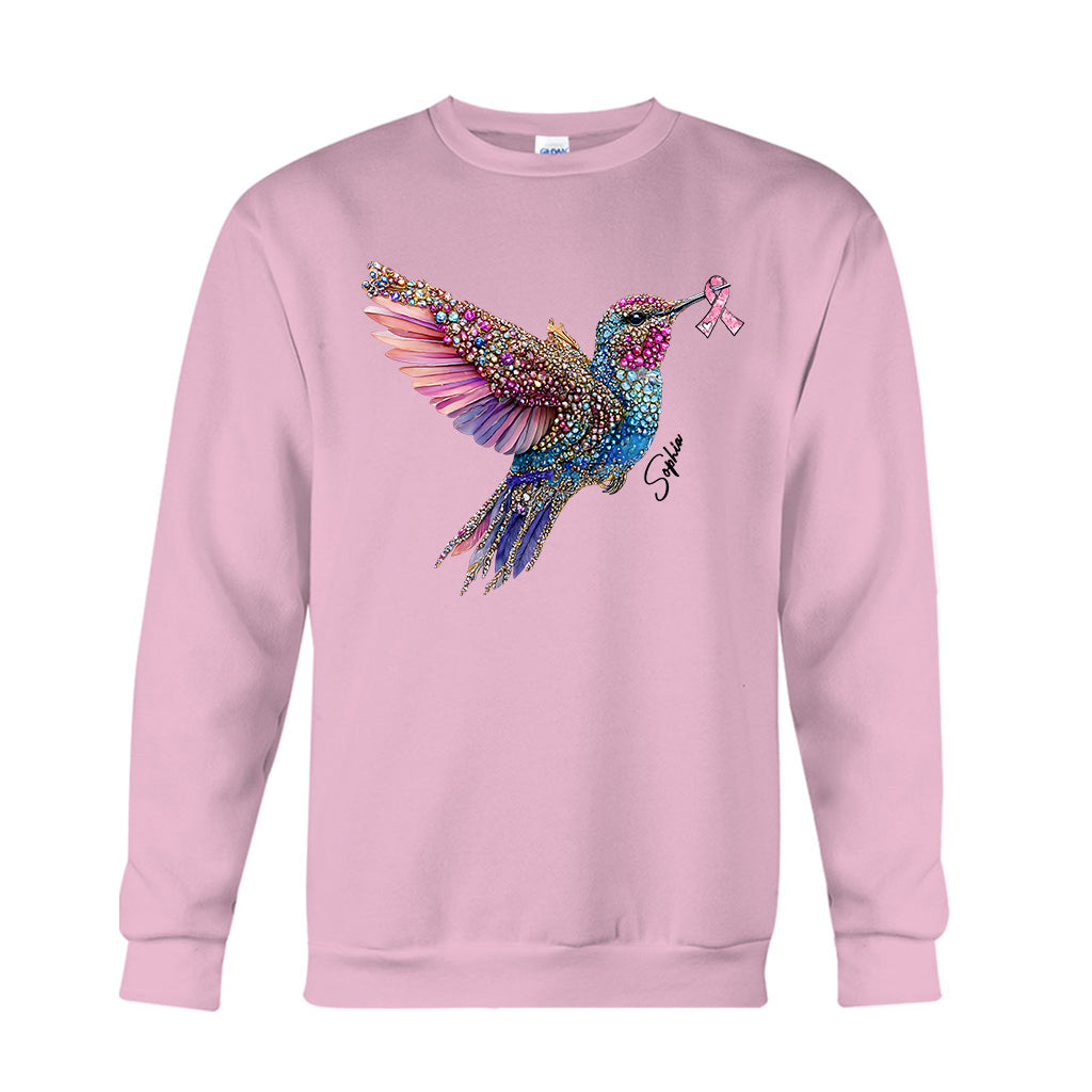 T-shirt et sweat à capuche personnalisés avec ruban rose et colibri en cristal pour la sensibilisation au cancer du sein