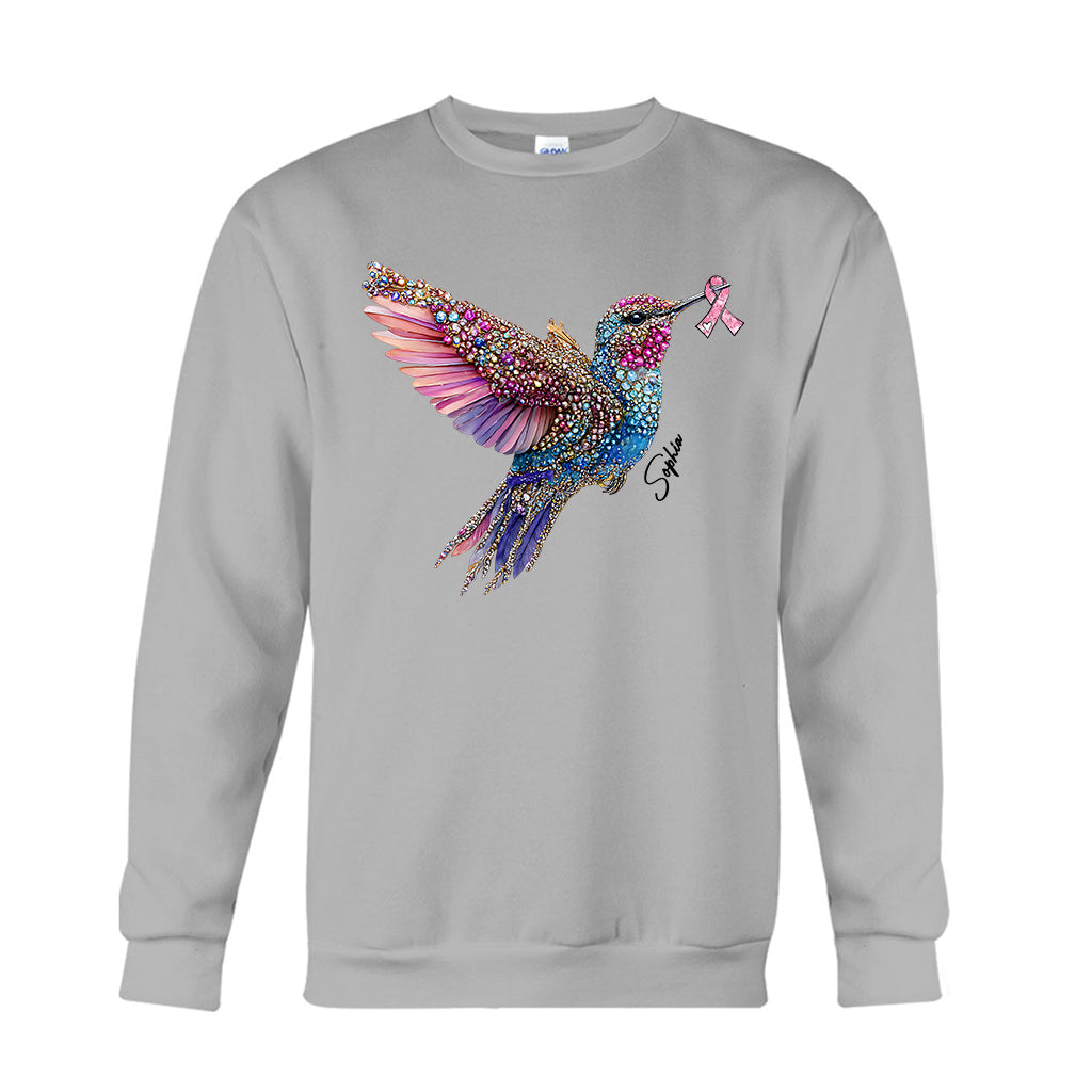 T-shirt et sweat à capuche personnalisés avec ruban rose et colibri en cristal pour la sensibilisation au cancer du sein