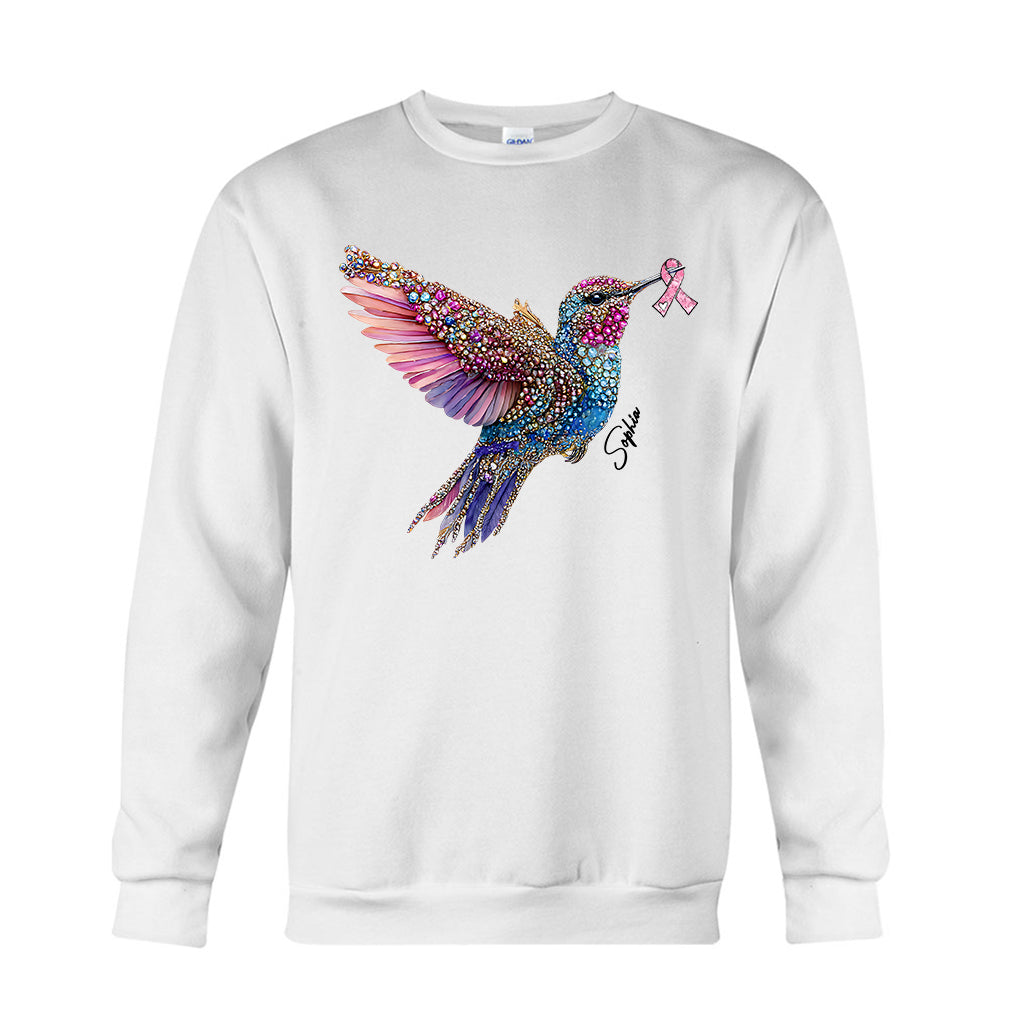 T-shirt et sweat à capuche personnalisés avec ruban rose et colibri en cristal pour la sensibilisation au cancer du sein