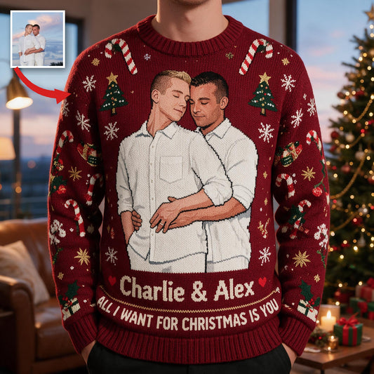 Pull de Noël Personnalisé Couple Gay Moche Cadeau Anniversaire LGBT