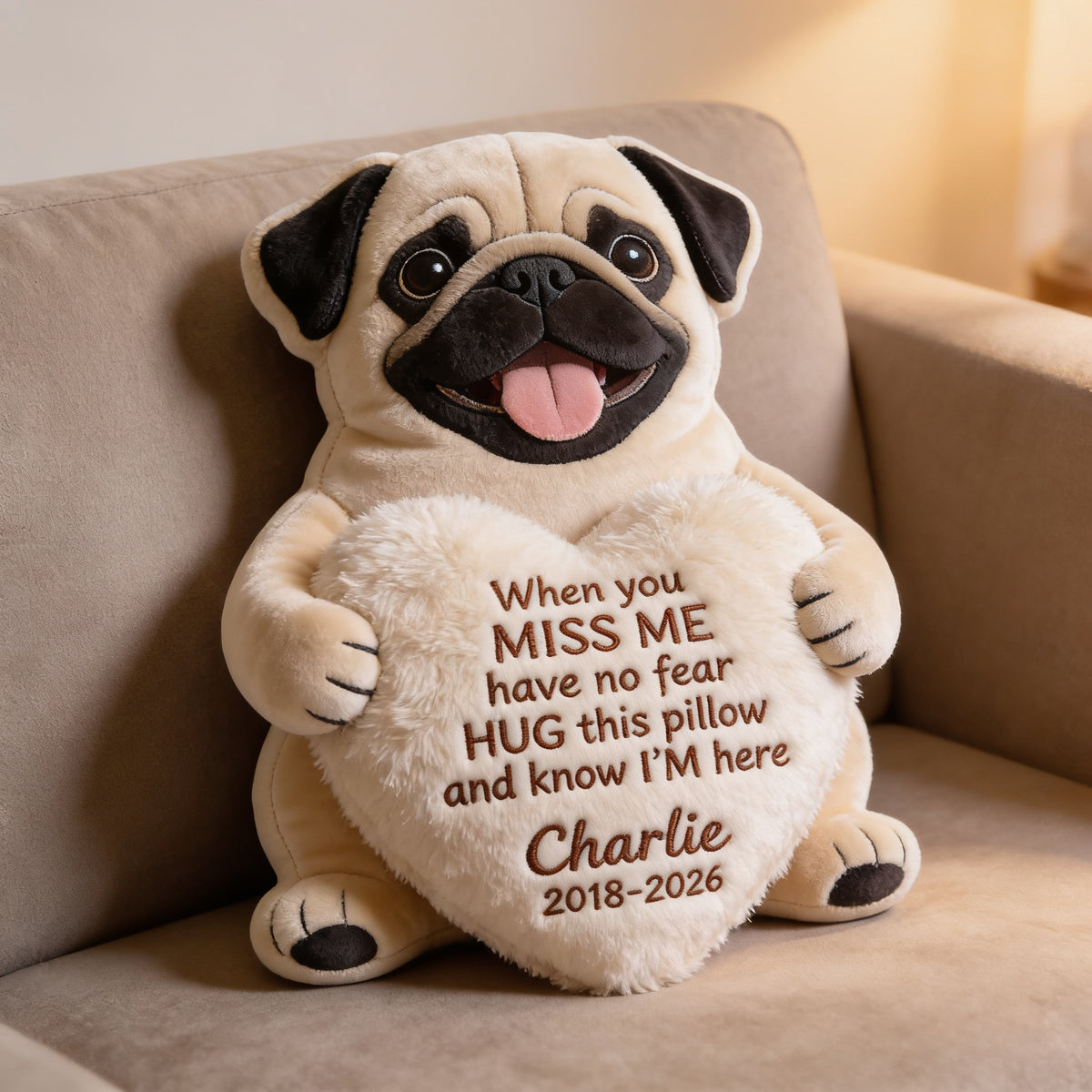 Personalized Fawn Pug Memorial Faux Fur Shaped Pillow Pet Loss Gift