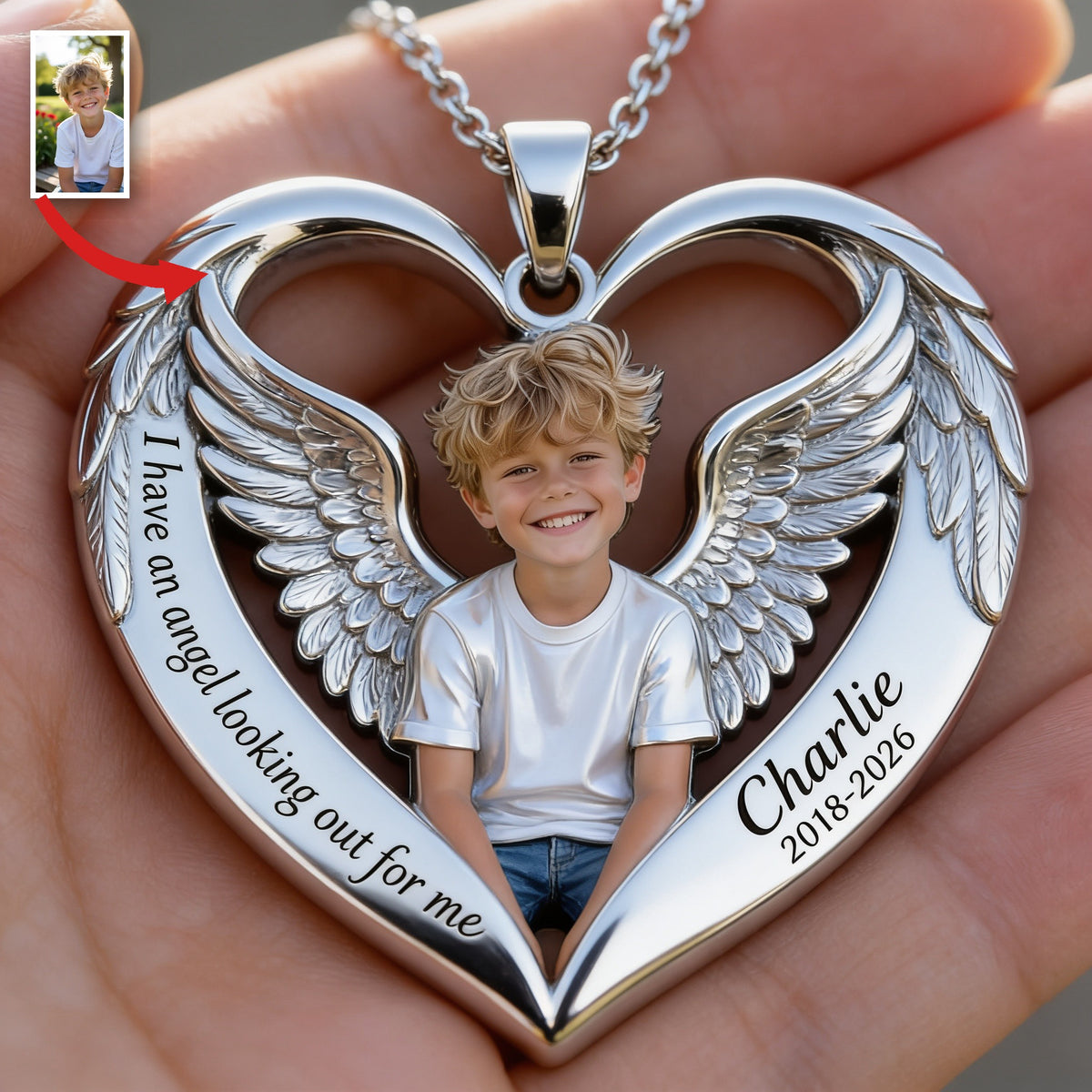 Personalized Little Boy Memorial Angel Wing Heart Pendant Necklace