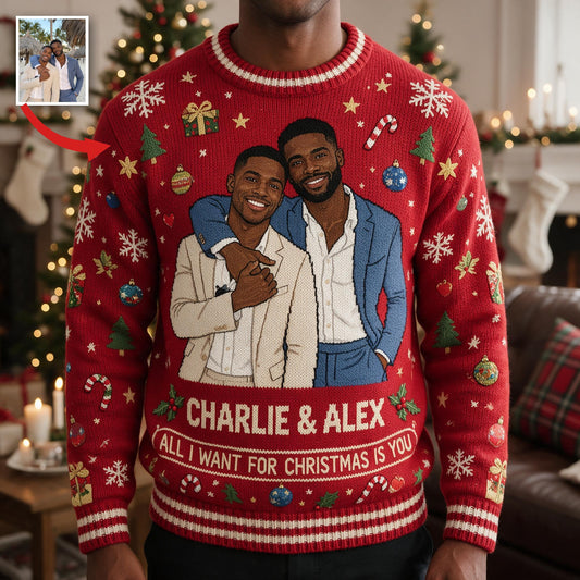 Pull moche de Noël personnalisé pour couple gay noir - Cadeau d'anniversaire LGBT