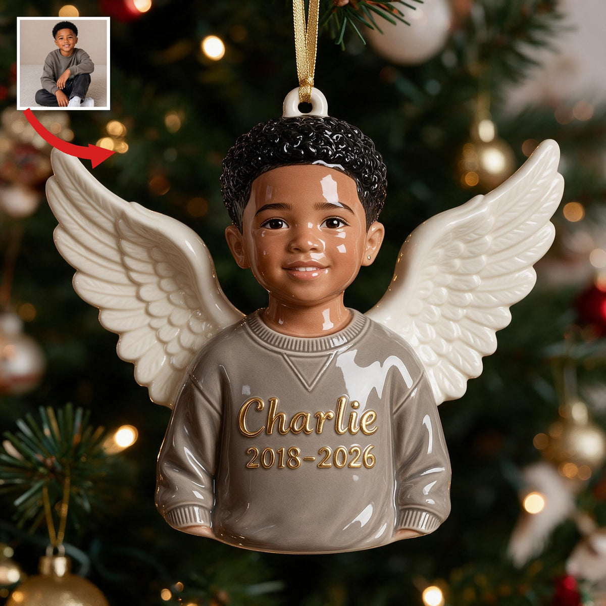 Personalized Christmas Black Little Boy Memorial 3D Ornament