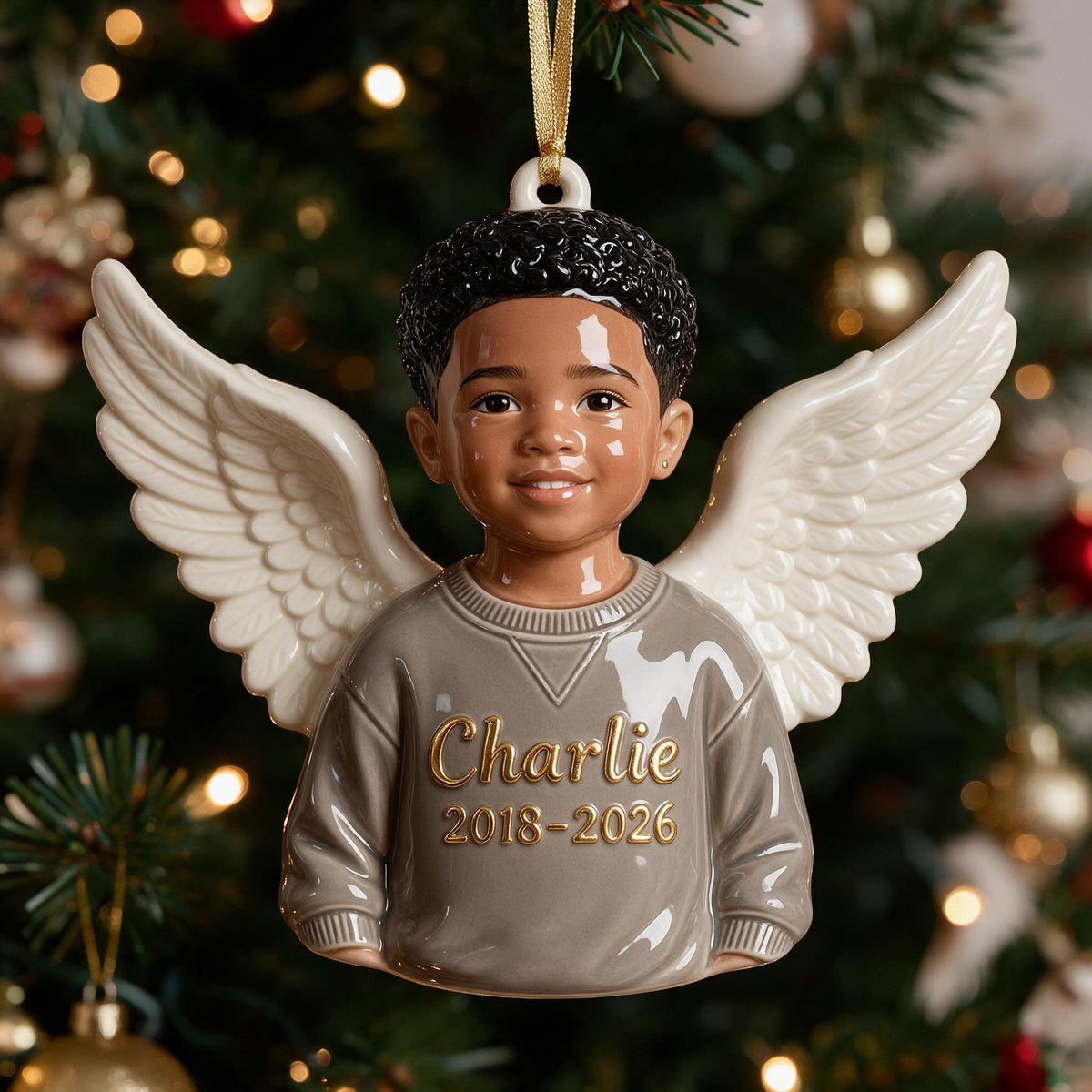Personalized Christmas Black Little Boy Memorial 3D Ornament