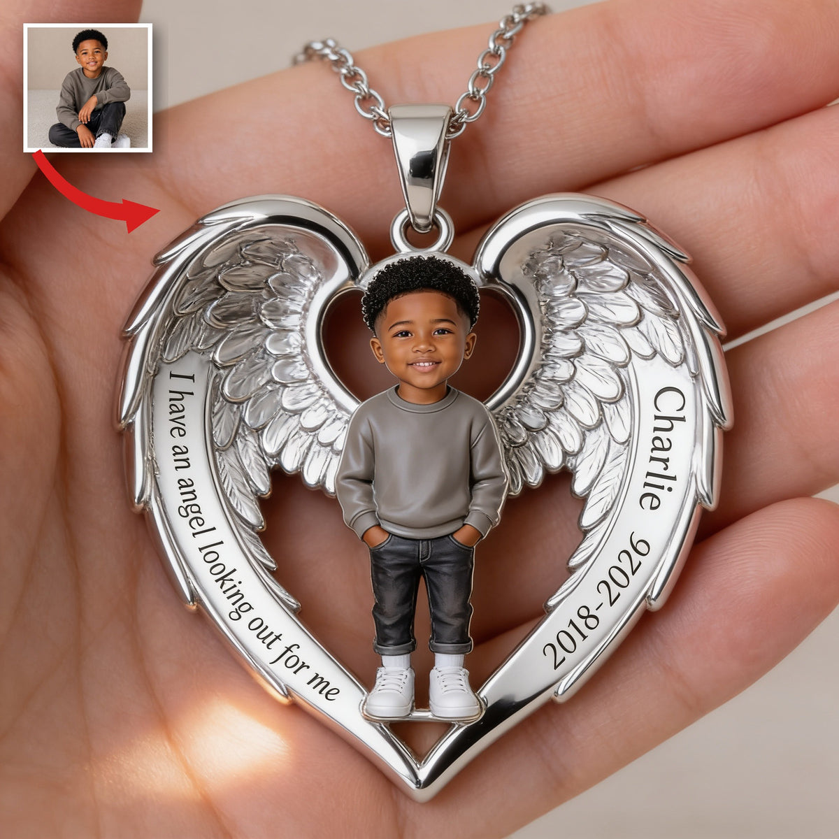 Personalized Black Little Boy Memorial Angel Wing Pendant Necklace