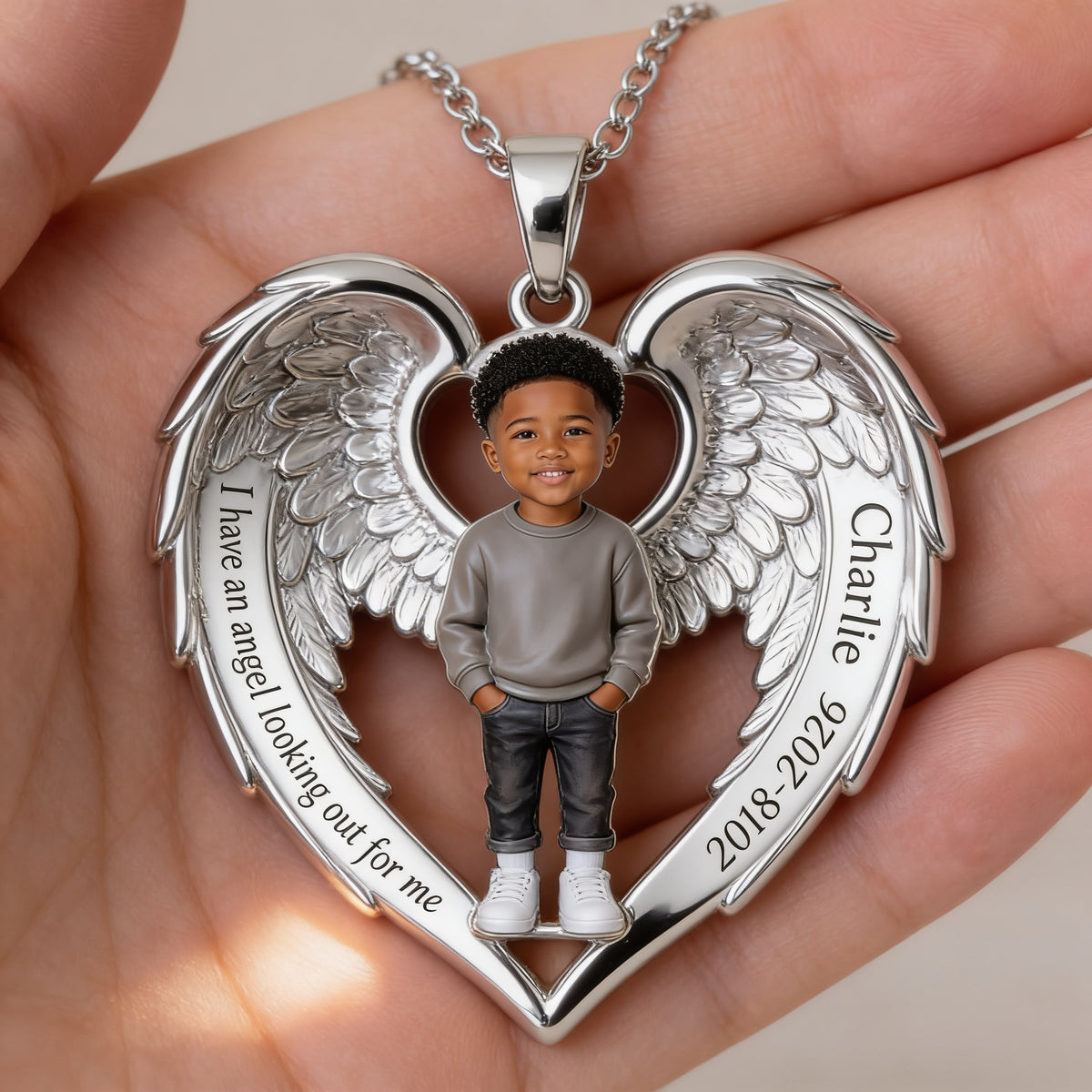 Personalized Black Little Boy Memorial Angel Wing Pendant Necklace