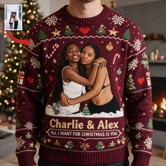 Pull moche de Noël personnalisé pour couple lesbien noir - Cadeau d'anniversaire LGBT