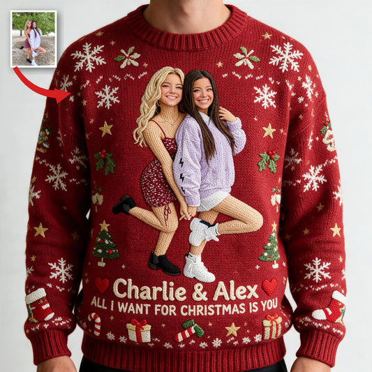 Pull de Noël Personnalisé pour Couple Lesbien - Cadeau d'Anniversaire