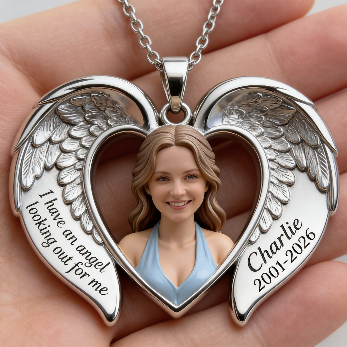 Personalized Memorial Woman Angel Wing Heart Pendant Necklace