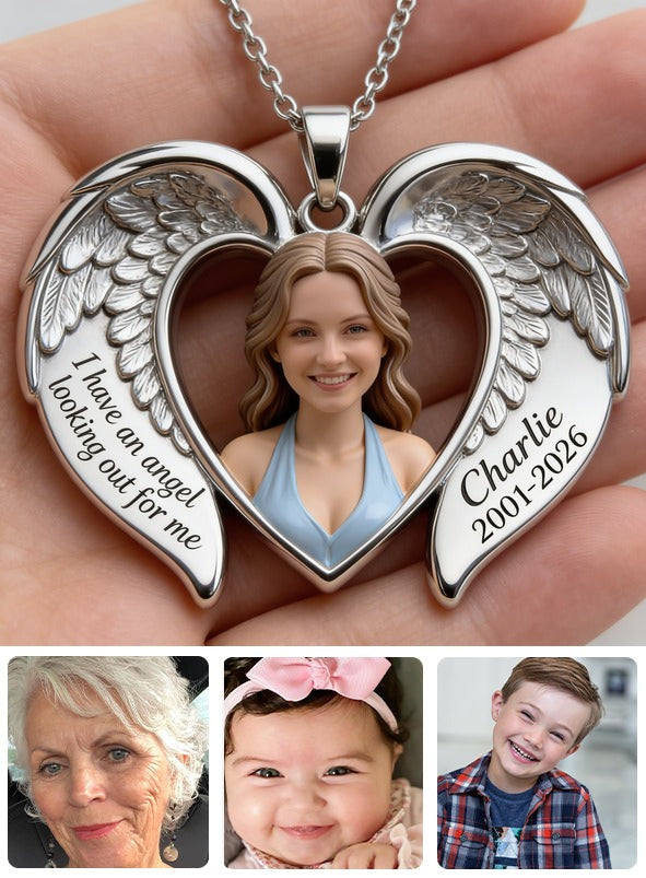 Personalized Memorial Woman Angel Wing Heart Pendant Necklace