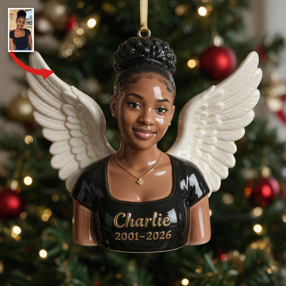 Personalized Christmas Memorial Black Woman Angel 3D Ornament Keepsake