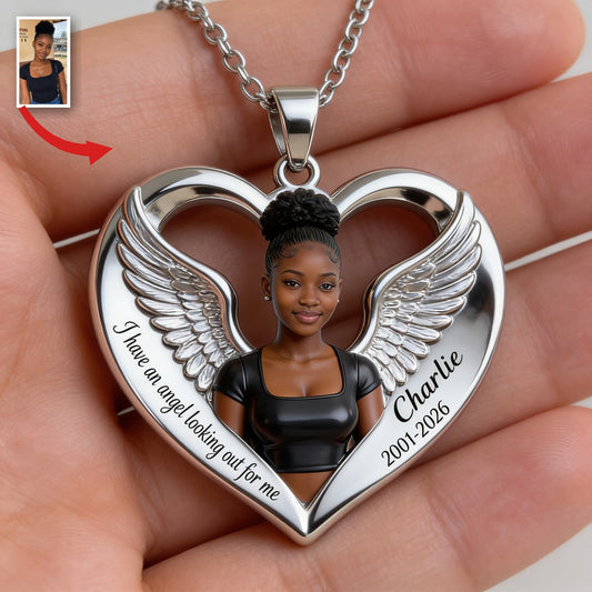 Collier Pendentif Cœur Aile d'Ange Femme Noire Personnalisé
